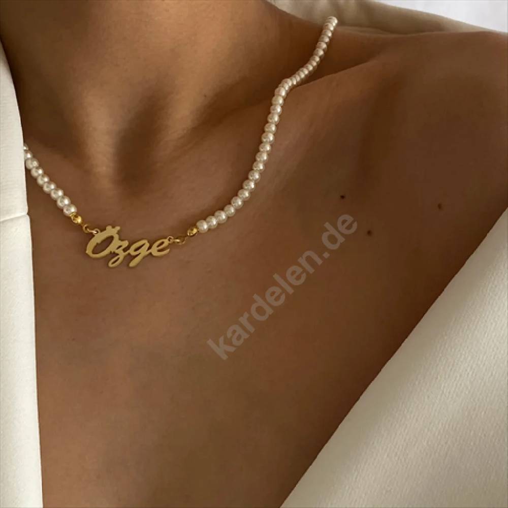 Kardelen Signatur Kette Waagerecht mit Perlen - 925 SILBER Auslauf