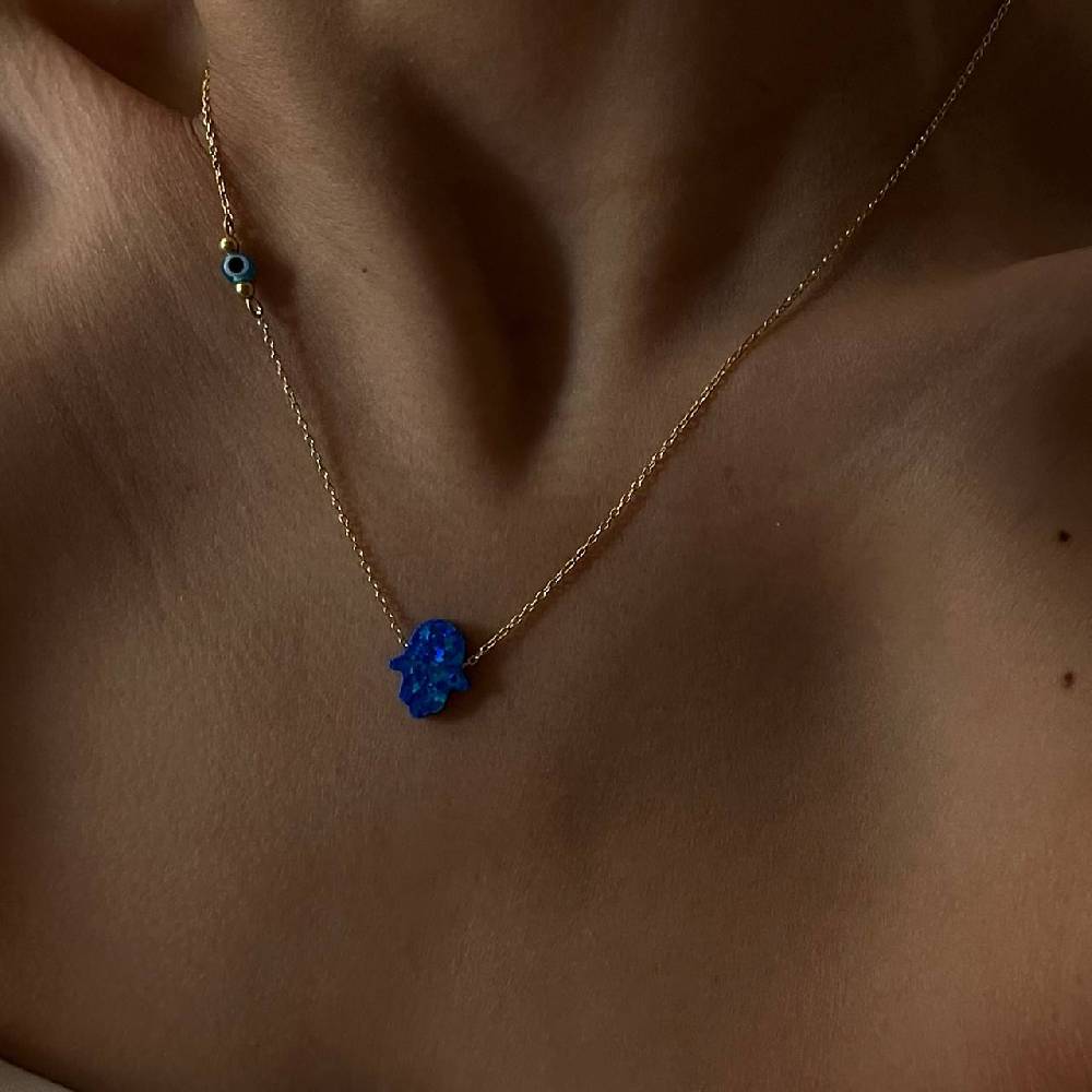 Kardelen Fatimas Hand Opal Kette mit Nazar Augenkette Dunkelblau - 925 SILBER Meist gekauft