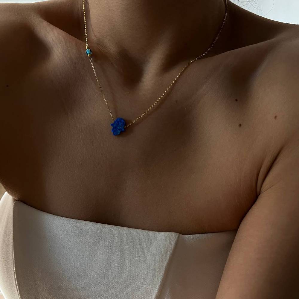 Kardelen Fatimas Hand Opal Kette mit Nazar Augenkette Dunkelblau - 925 SILBER Meist gekauft