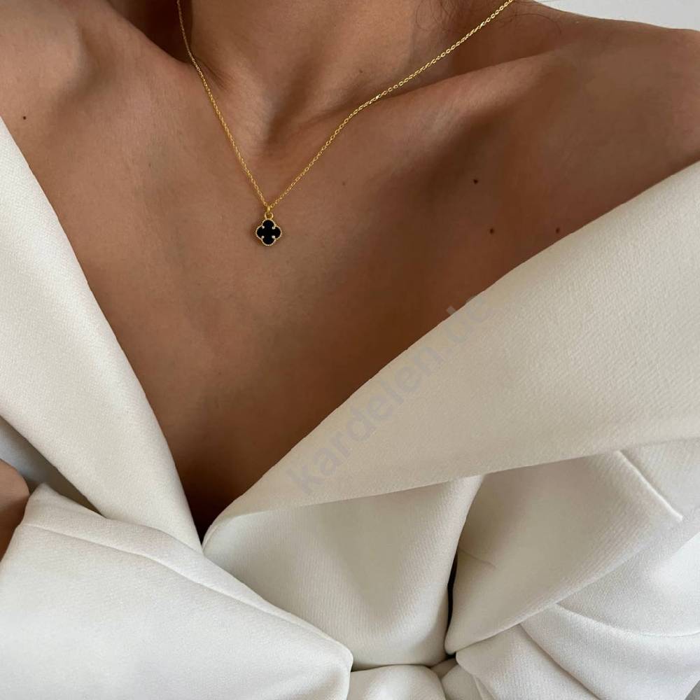 Kardelen 14K GOLD KLEE SCHWARZE HALSKETTE Sonderangebot der Fabrik