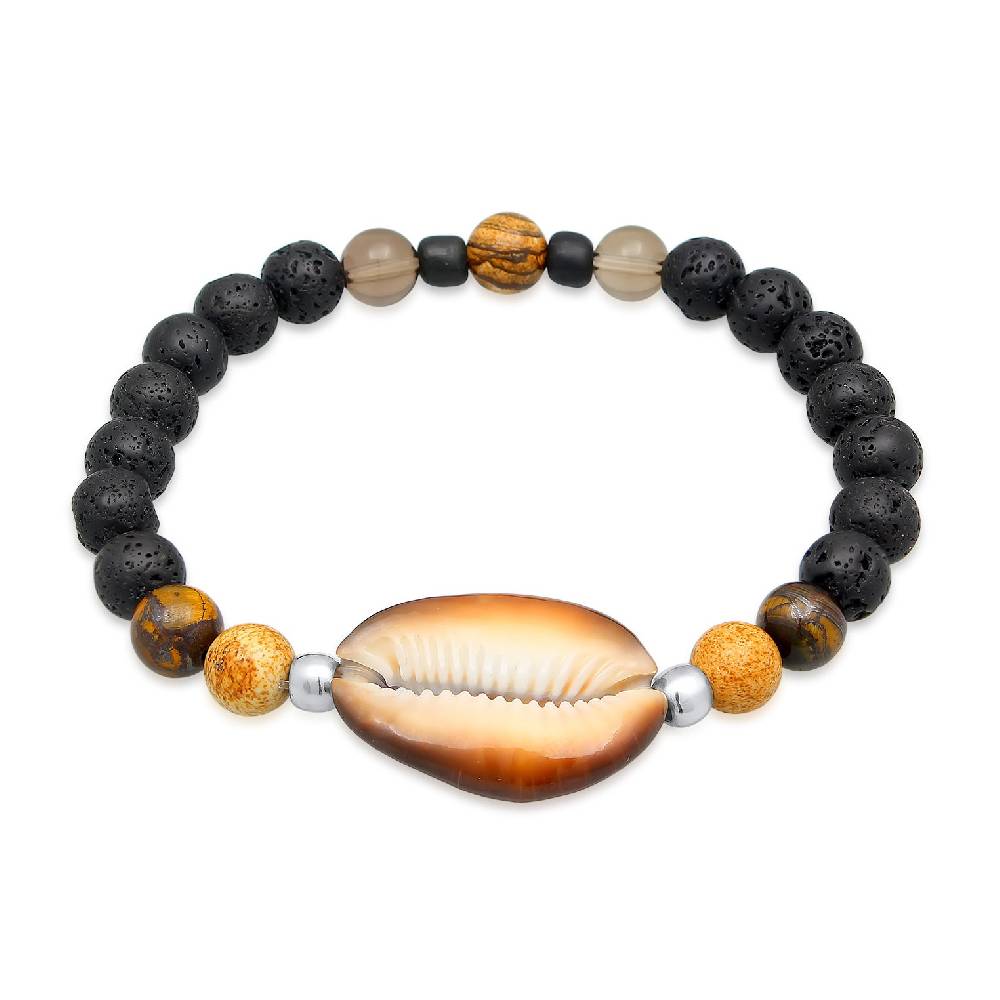 Kuzzoi Armband Kauri Muschel | Tigerauge, Lava Perlen Letzter Tag