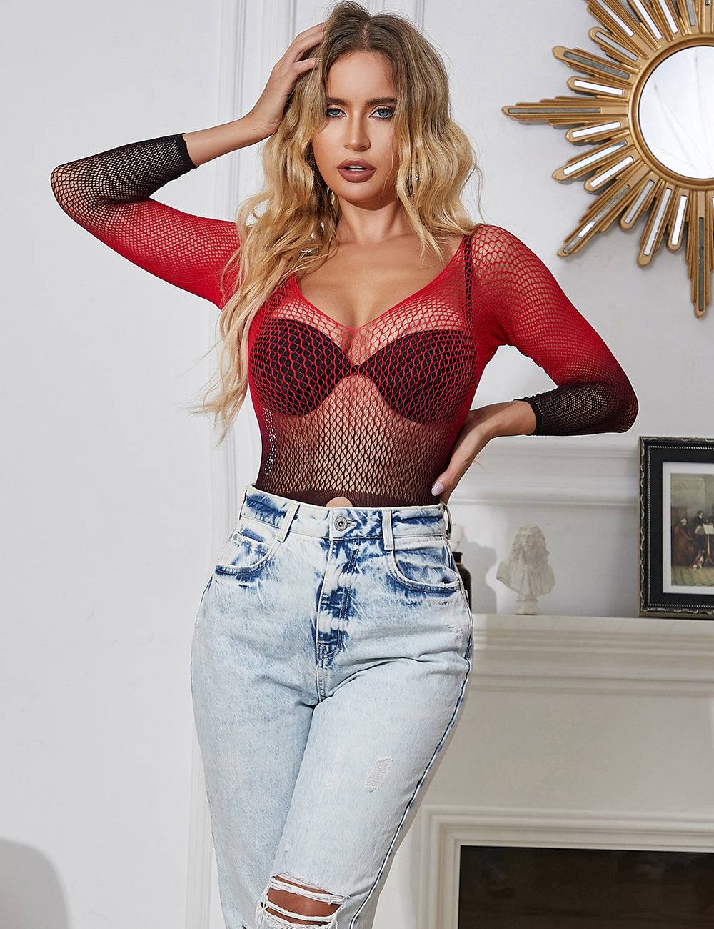 Lau Fashion Damen Body Catsuit Transparent Zweifarbig Stocking Rückfrei Nylon Netz Dessous S/XL Bis zu 65% Rabatt