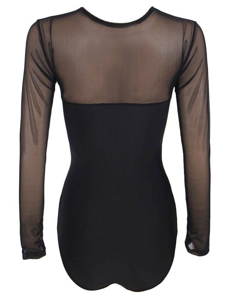 Lau Fashion Damen Body Unterwäsche mit Transparent Stoff Schwarz Rundhals Langarm S/M - R80373 Begrenzt auf 3 Tage