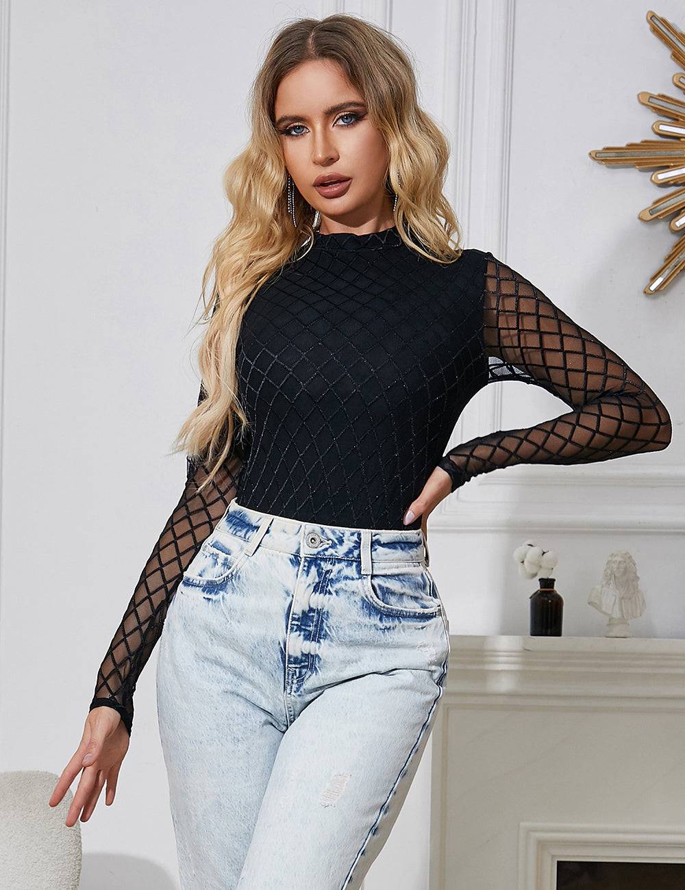 Lau Fashion Schwarzer Karo Mesh-Body mit hohem Halsausschnitt Speichern exportieren