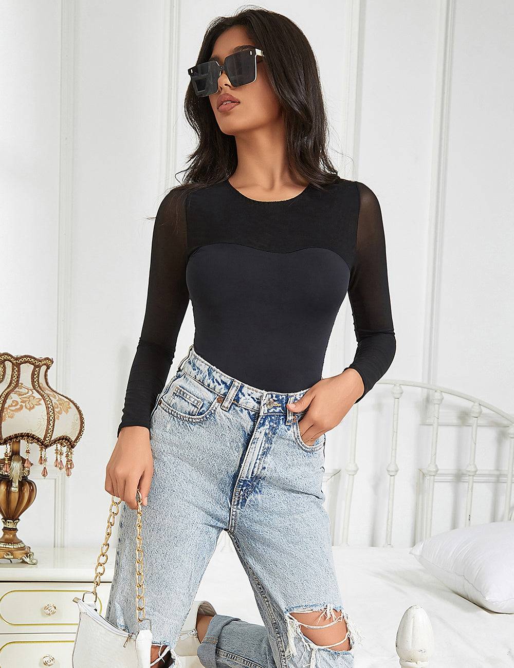 Lau Fashion Long Sleeve Body Unterwäsche Transparent Stoff Schwarz Rundhals Langarm S/M - R81222 Black Friday Preise