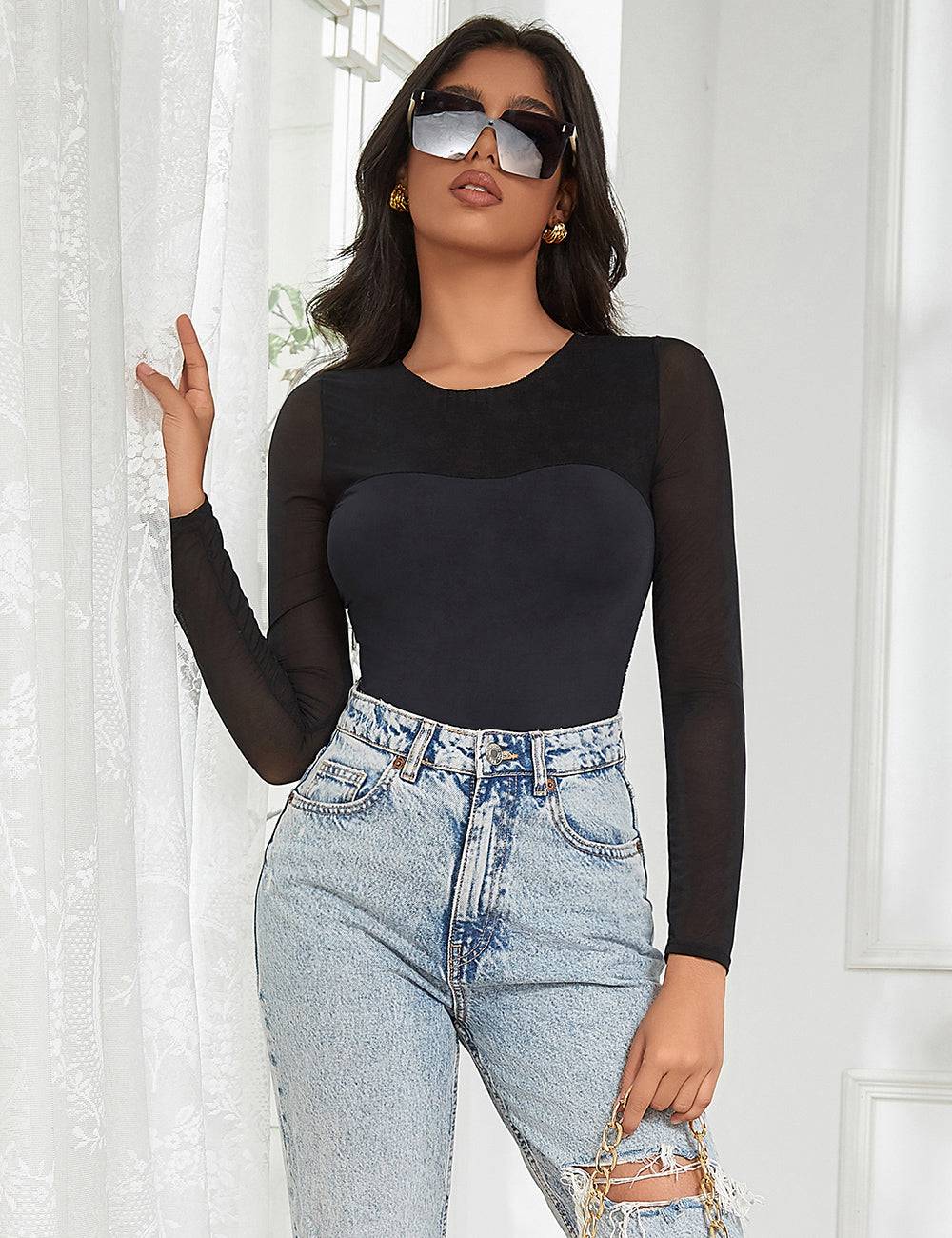 Lau Fashion Long Sleeve Body Unterwäsche Transparent Stoff Schwarz Rundhals Langarm S/M - R81222 Black Friday Preise