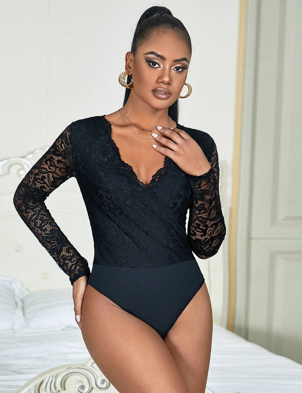 Lau Fashion Damen Spitze Body Langarm Bodysuits Schwarz Unterwäsche Blumen Dessous Reizwäsche S/XL Im Verkauf