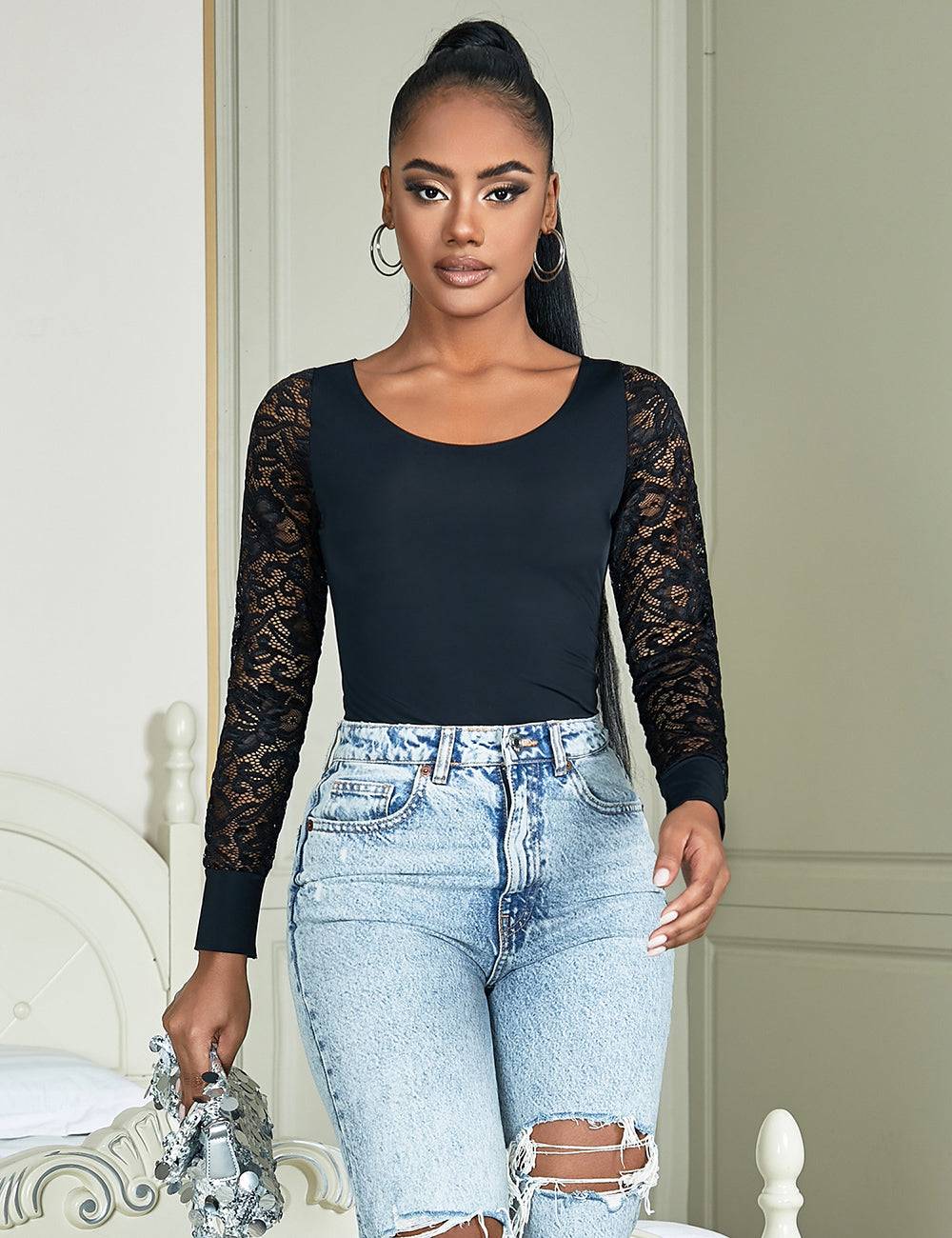 Lau Fashion Bodysuits Langarm Body Spitze Lace Unterwäsche Blumen Dessous Reizwäsche S/XL zollfrei