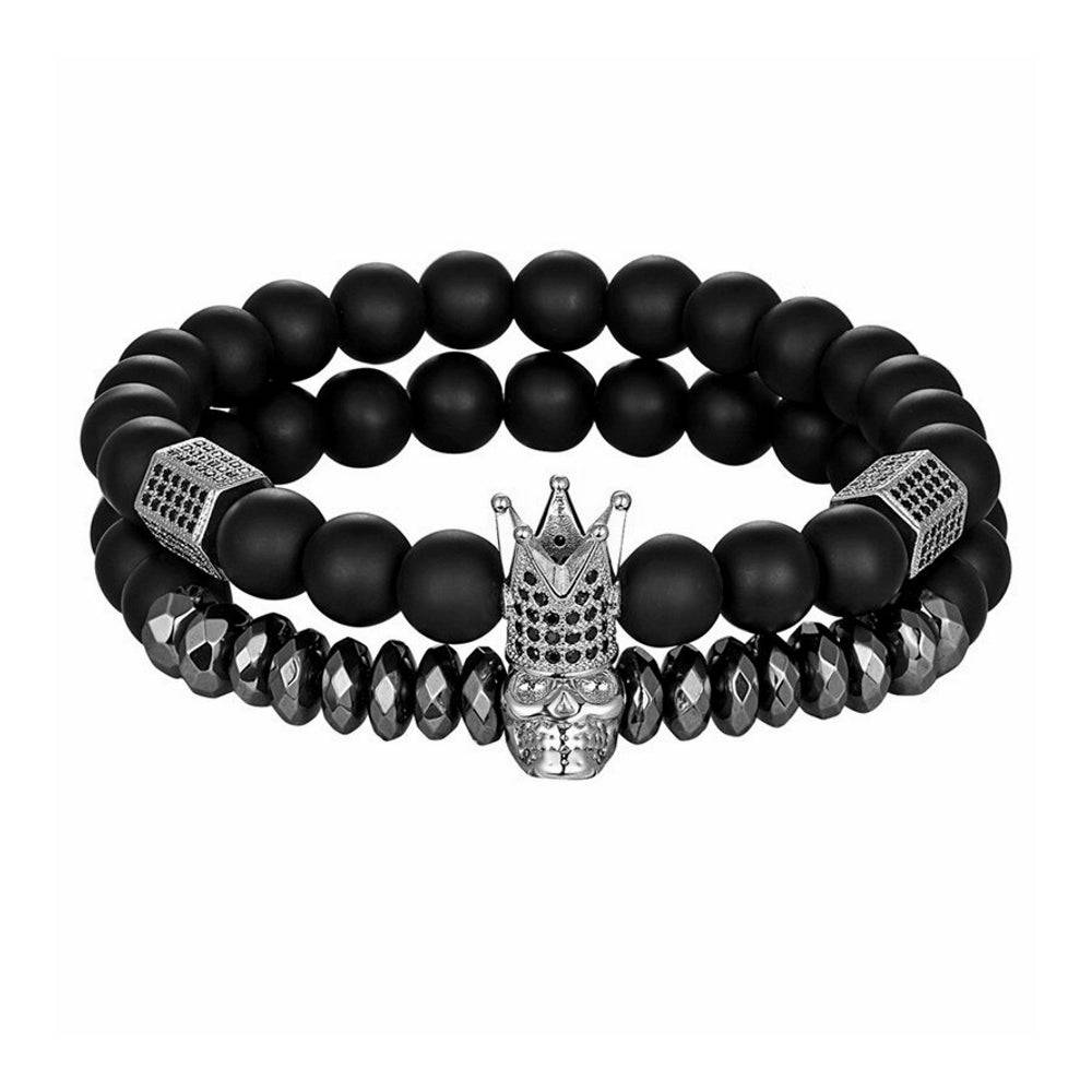 Lau Fashion Armband Totenkopf Schädel Krone Matt Schwarz Unisex Kugeln 8cm Weihnachtsangebot