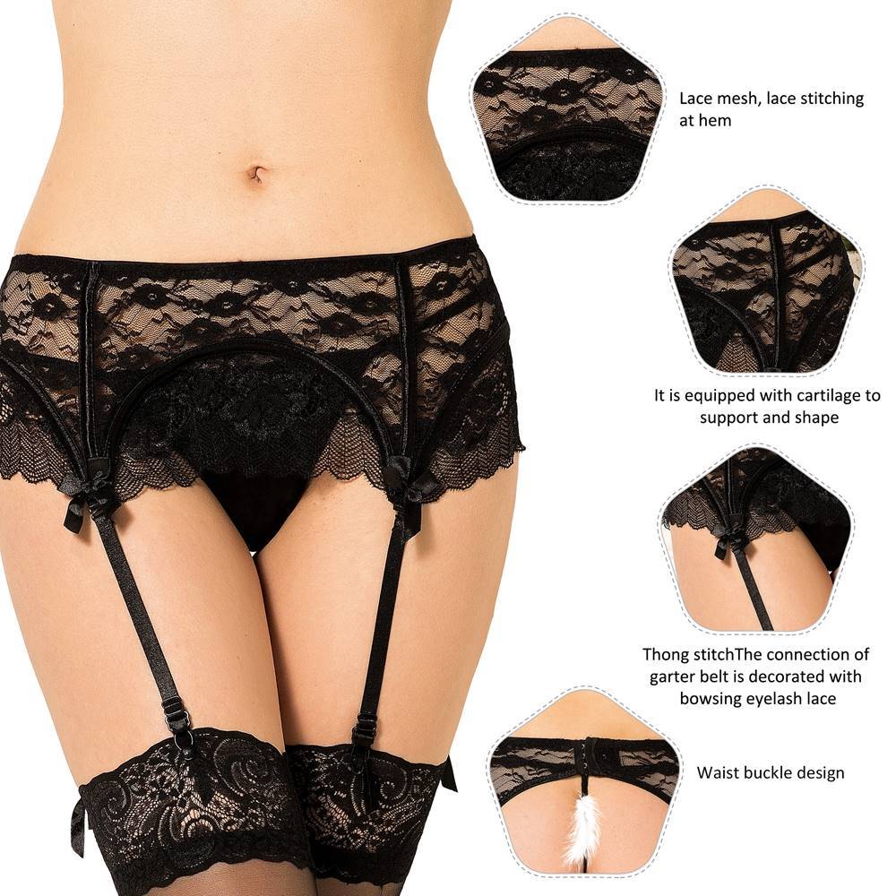 Lau Fashion Strumpfhalter Unterwäsche Strapsgürtel Spitze Dessous Hüfthalter Strapse String Tanga S/XL - P5129-1 Super Sparpreis