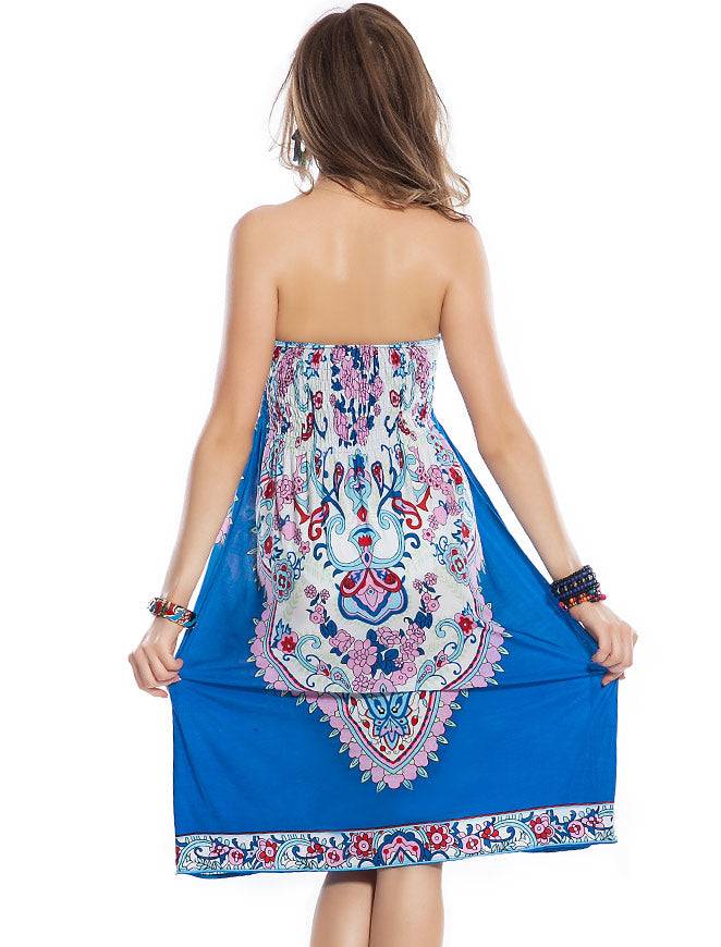 Lau Fashion Damen Strandkleid Blumen Blau Triball Parero Sommerkleid Bandeau Sommerkleid S/M Kostenlose Rückgabe