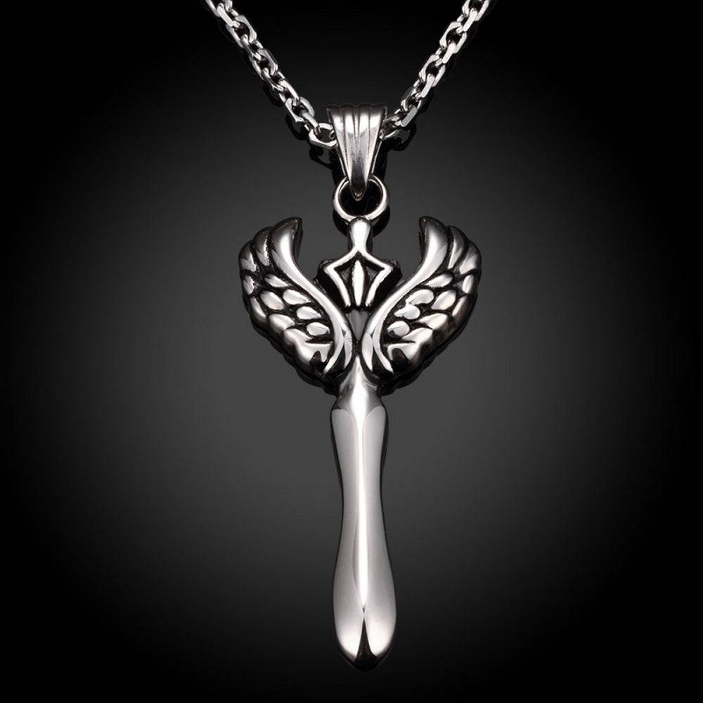 Lau Fashion Herren Halskette Edelstahl mit Schwert Flügel Krone Männer Skull Schmuck Ø 62mm im Angebot
