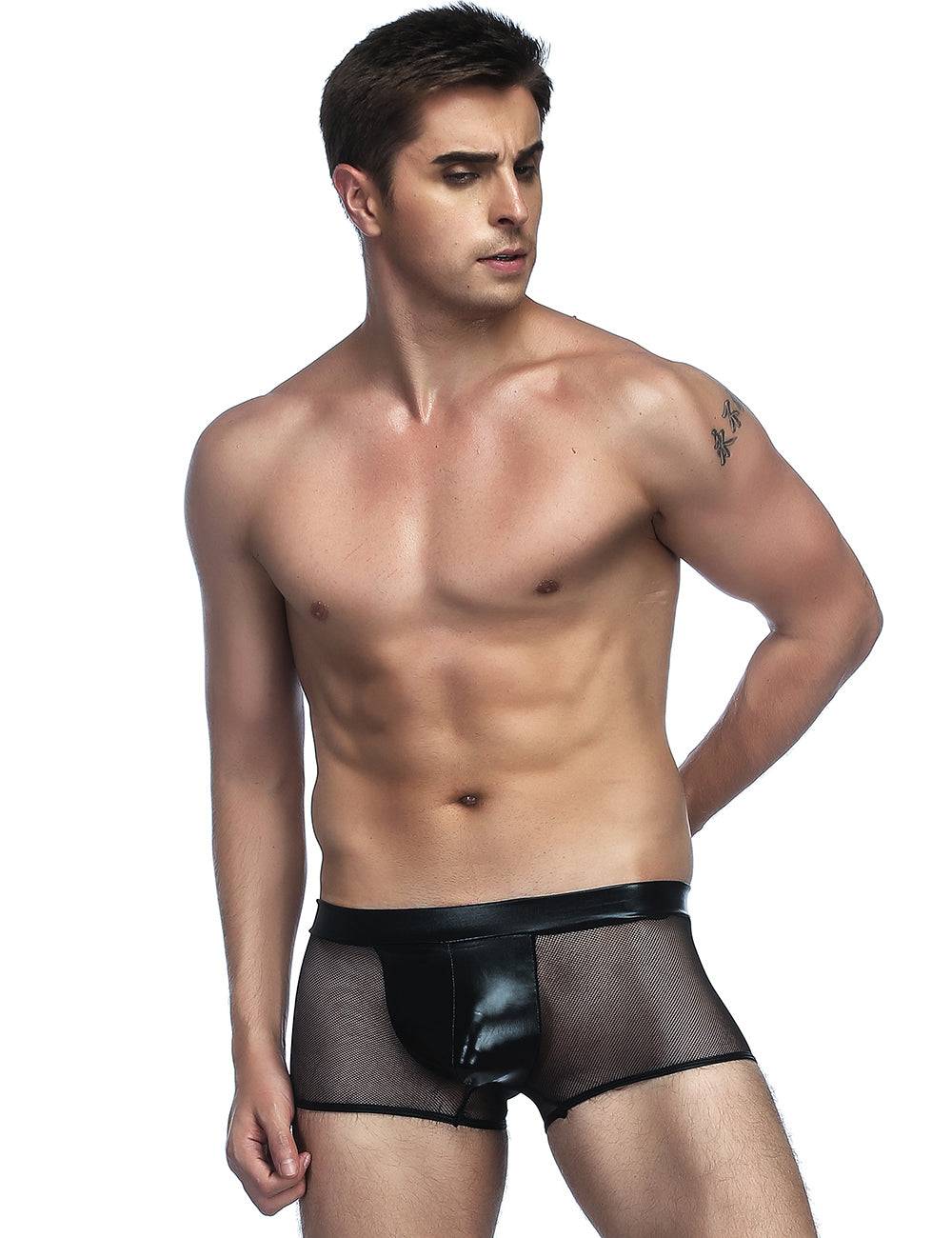 Lau Fashion Sexy Herren Netz Boxershorts Slip Lack Leder Wetlook Männer Unterwäsche M/L Valentinstagsangebot