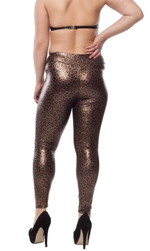 Lau Fashion Leopard Damen Leggings Wetlook Stretch Hose Lack Leder Jeggings S/M Neuheiten
