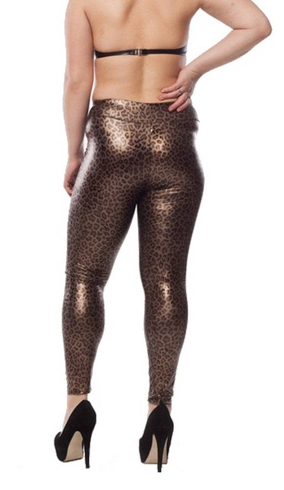 Lau Fashion Leoparden Wetlook Stretch Leggings Glanz Lack Leder Jeggings Hose Treggings L/XL Saisonale Angebote