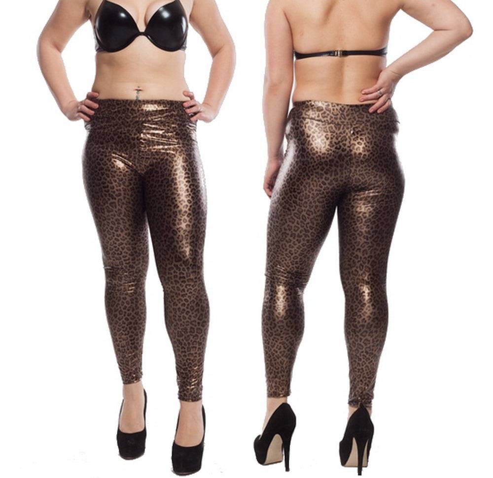 Lau Fashion Leoparden Wetlook Stretch Leggings Glanz Lack Leder Jeggings Hose Treggings L/XL Saisonale Angebote