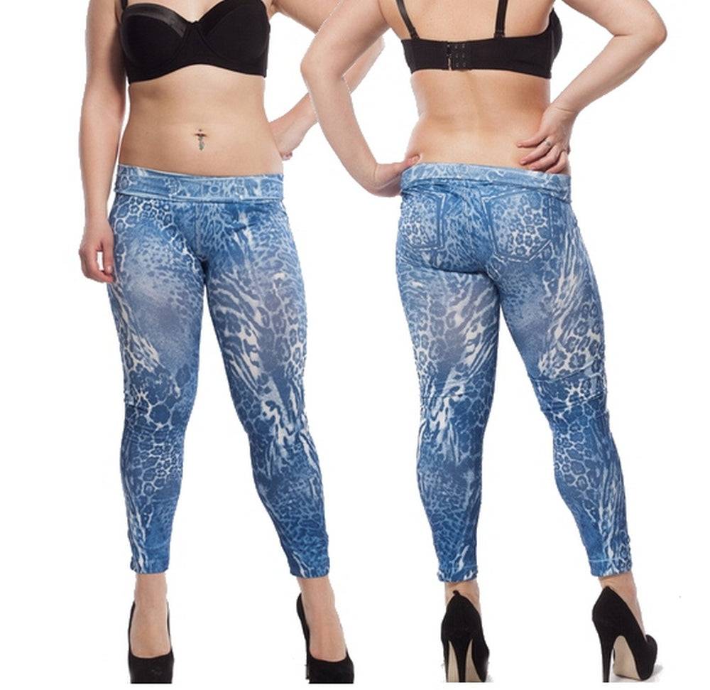 Lau Fashion Leoparden Stretch Leggings Jeans Hose Blau Leo Treggings Jeggings L/XL Tiefpreis