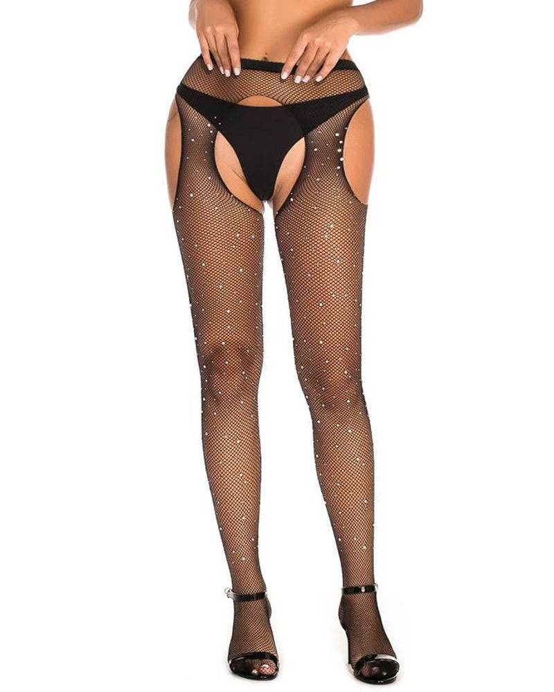 Lau Fashion Sexy Strapse Halter Strass Strümpfe Fishnet Strumpfhose Schritt Offen Gogo Schwarz S/M/L/XL - H3477 Bis zu 65% Rabatt