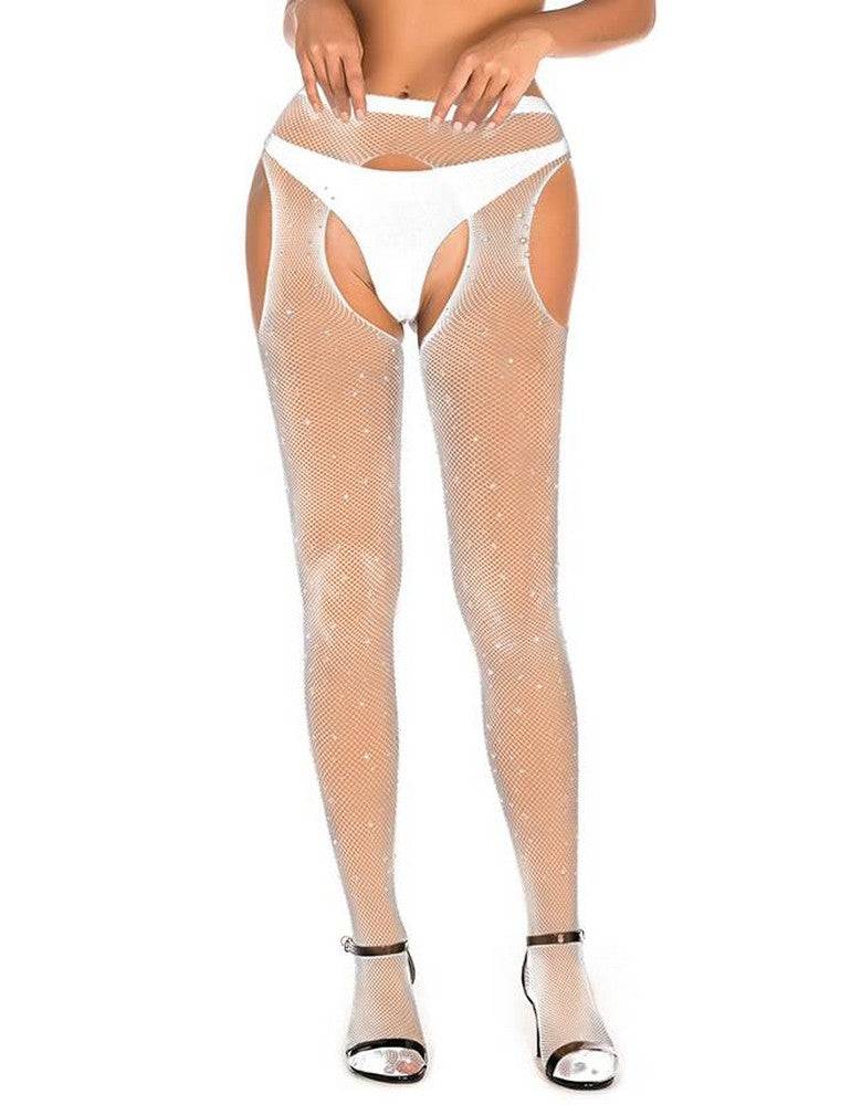 Lau Fashion Sexy Strapse Halter Strass Strümpfe Fishnet Strumpfhose Schritt Offen Gogo Schwarz S/M/L/XL - H3477 Bis zu 65% Rabatt