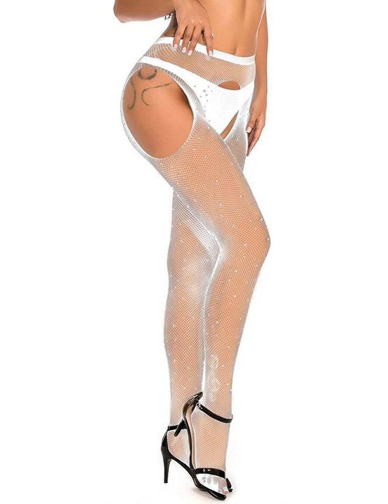 Lau Fashion Sexy Strapse Halter Strass Strümpfe Fishnet Strumpfhose Schritt Offen Gogo Schwarz S/M/L/XL - H3477 Bis zu 65% Rabatt