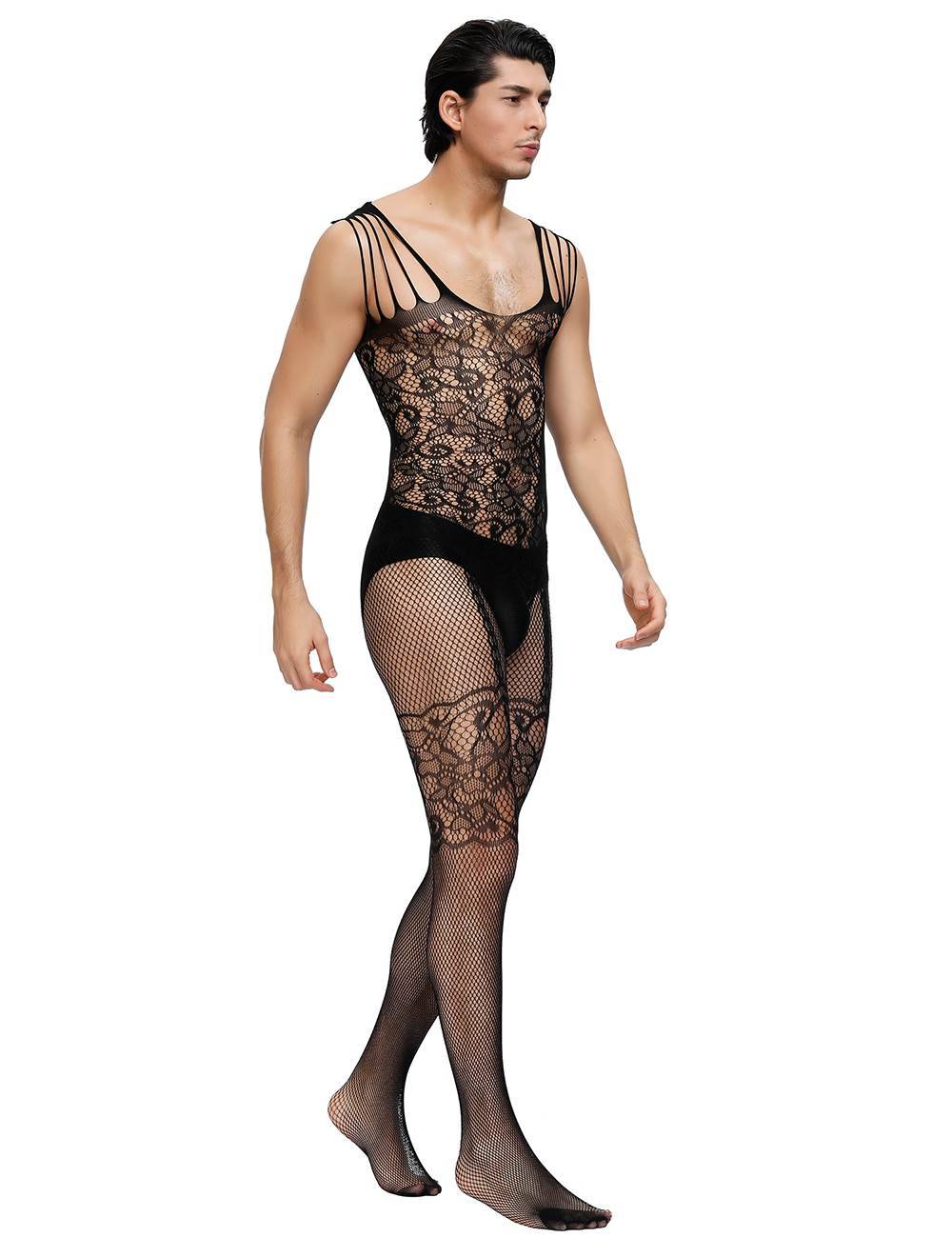 Lau Fashion Bodystocking Herren Catsuit Spitze Transparenz Reizwäsche Strapse Träger S/M/L Super Rabatt