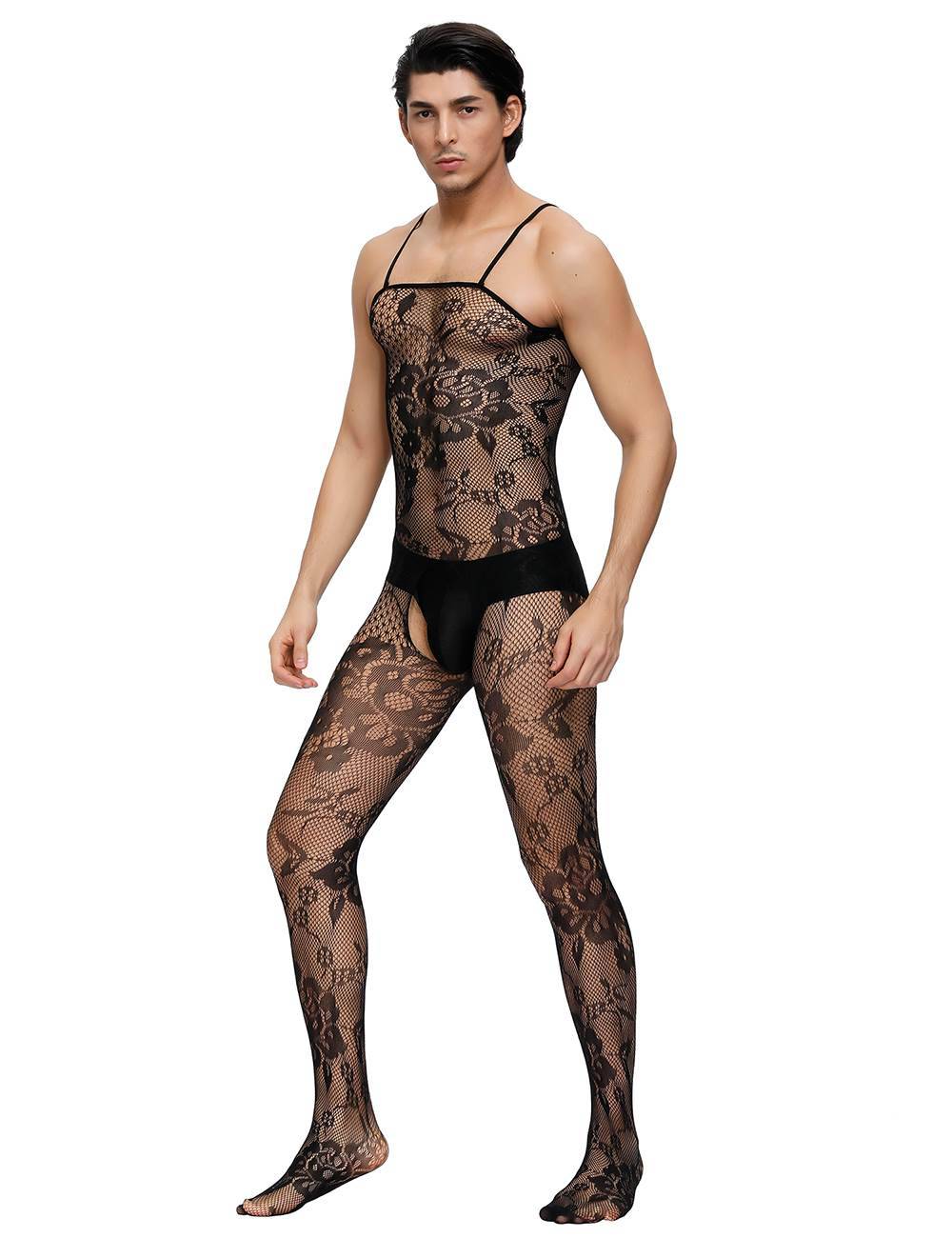 Lau Fashion Männer Catsuit Body Stocking Spitze Transparenz Reizwäsche Schwarz Träger S/M/L Riesige Rabatte