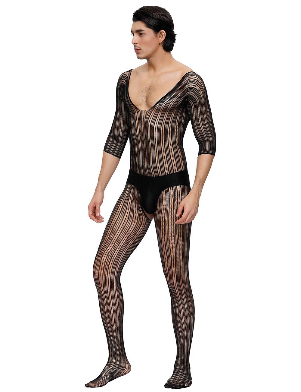 Lau Fashion Catsuit Herren Body Stocking Nadelstreifen Transparent Dessous Schwarz Nylon S/M/L 50% Rabatt mit kostenlosem Versand