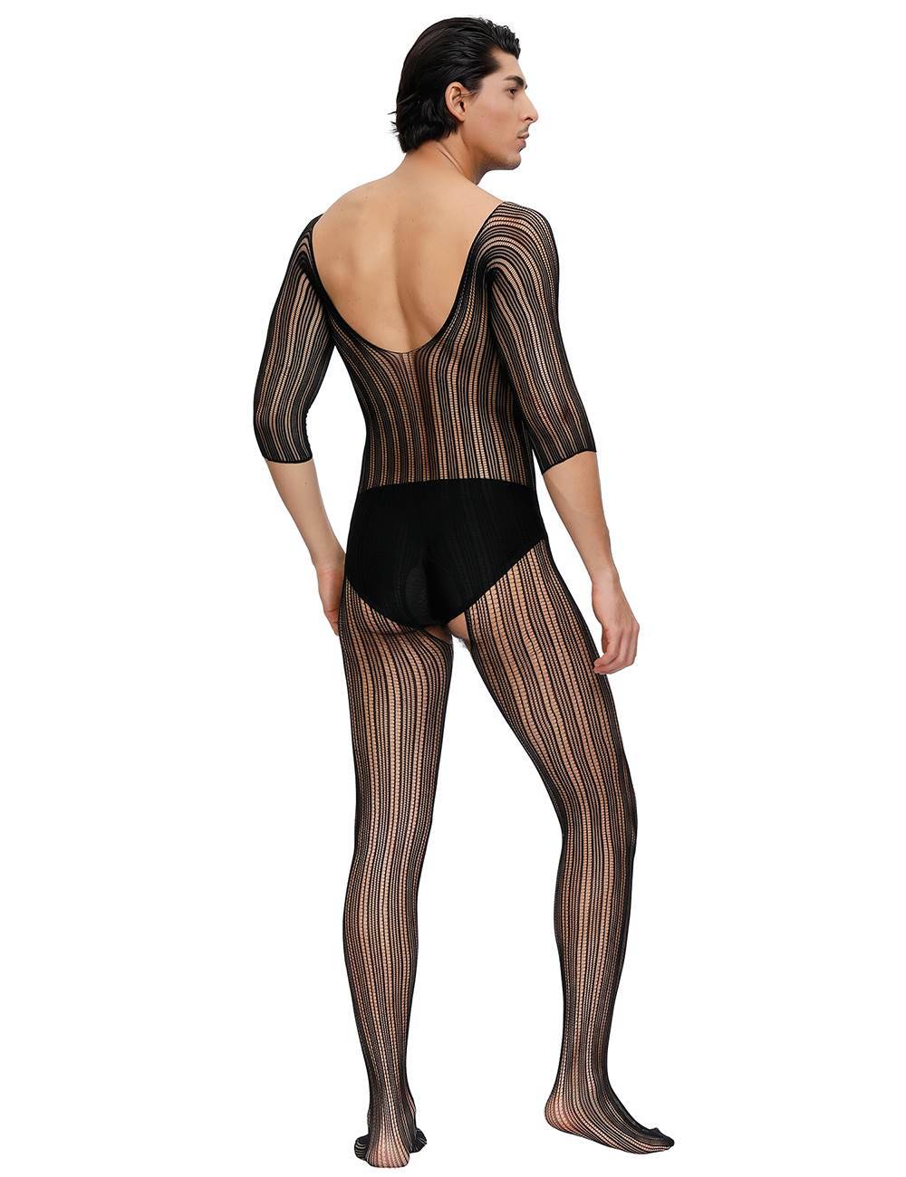 Lau Fashion Catsuit Herren Body Stocking Nadelstreifen Transparent Dessous Schwarz Nylon S/M/L 50% Rabatt mit kostenlosem Versand