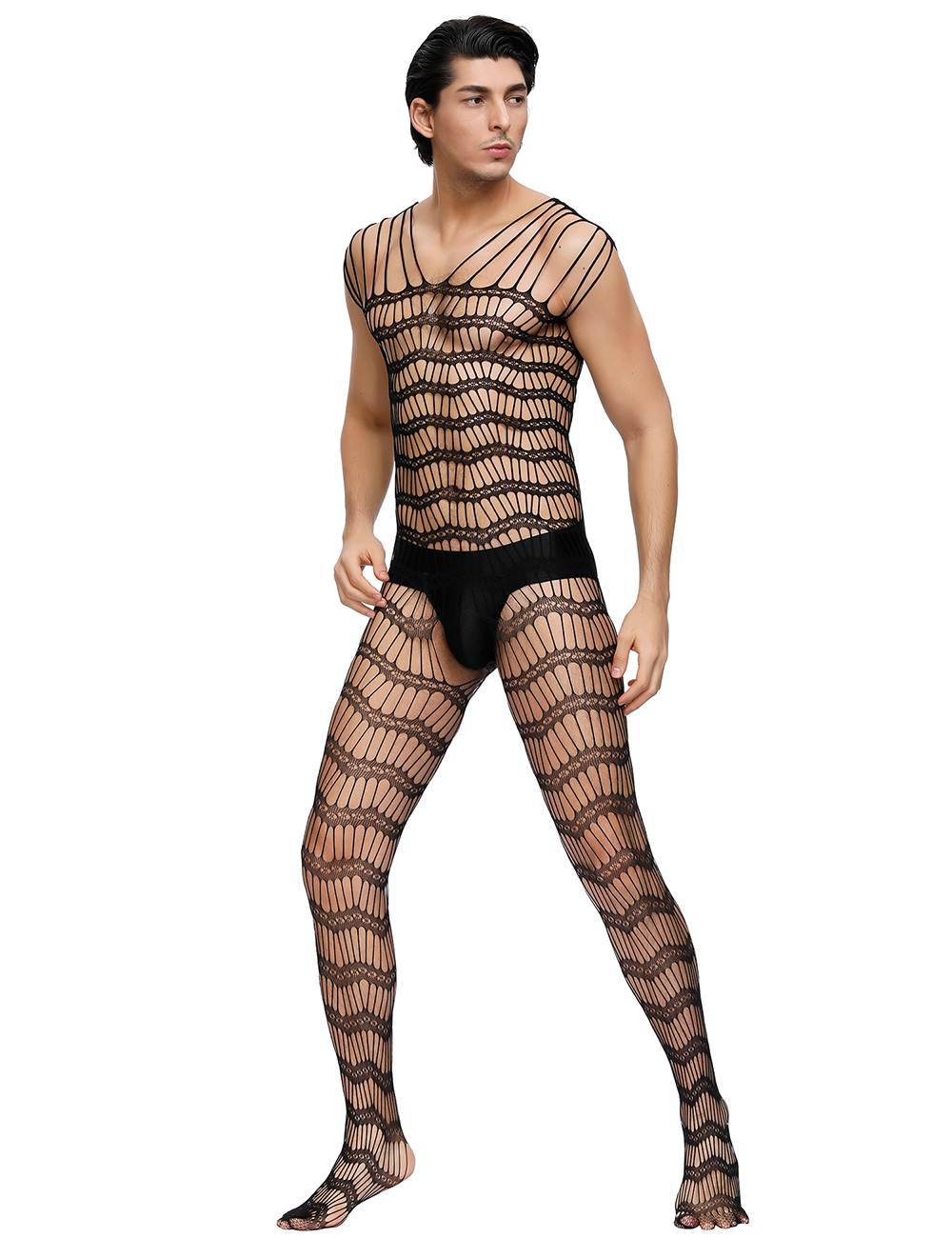 Lau Fashion Herren Bodystocking Netz Catsuit Bänder Transparent Dessous Schwarz Nylon S/M/L Clearance-Verkauf