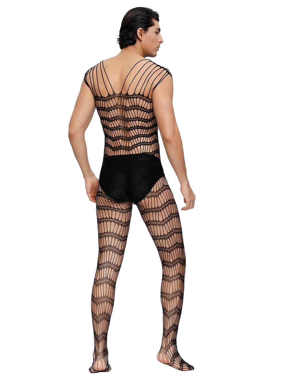Lau Fashion Herren Bodystocking Netz Catsuit Bänder Transparent Dessous Schwarz Nylon S/M/L Clearance-Verkauf