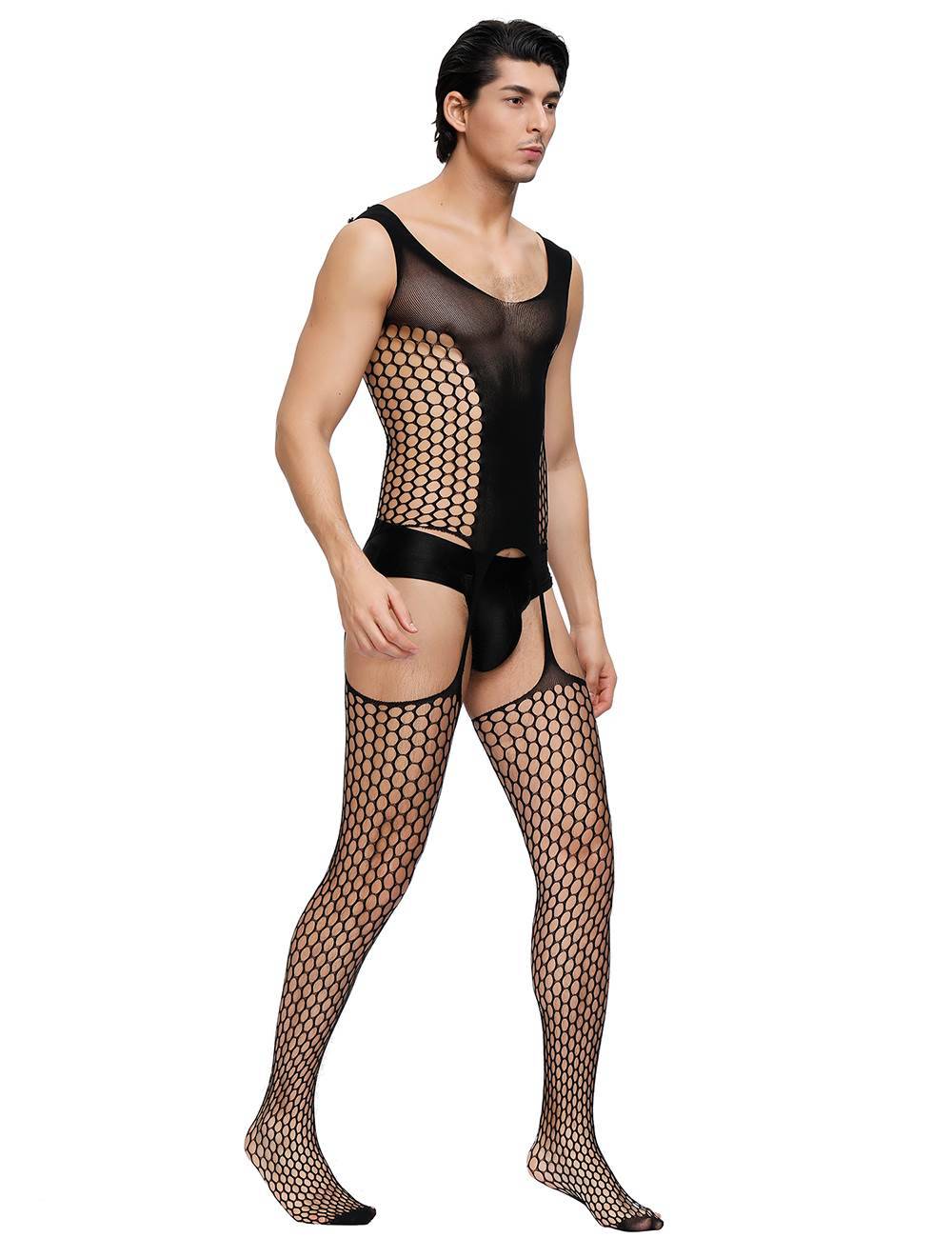 Lau Fashion Herren Loch Strapse Catsuit Transparenz Reizwäsche Body Stocking Nylon S/M/L Fabrikladen