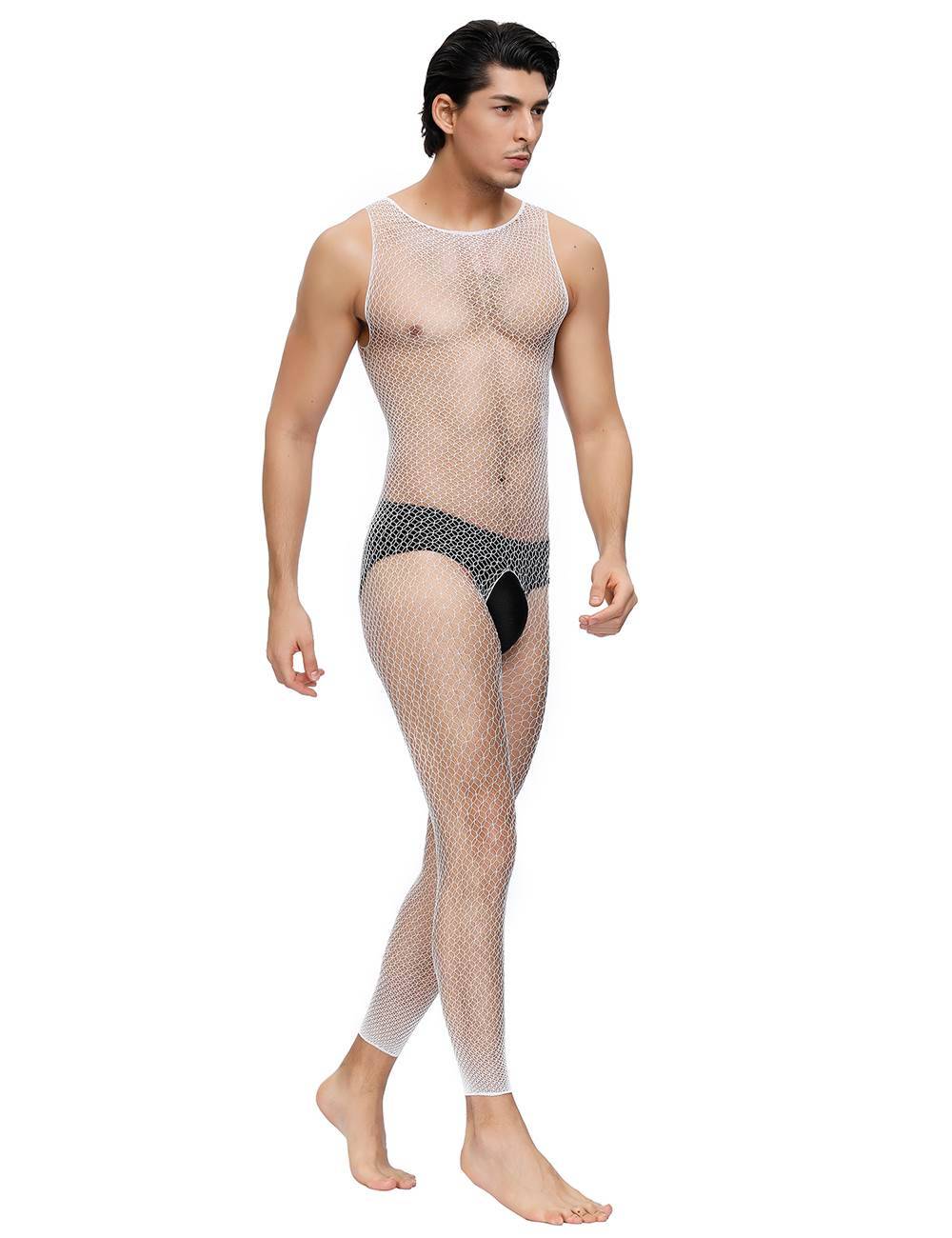 Lau Fashion Herren Netz Catsuit Transparenz Reizwäsche Weiß Bodystocking Nylon S/M/L Begrenzt auf 3 Tage