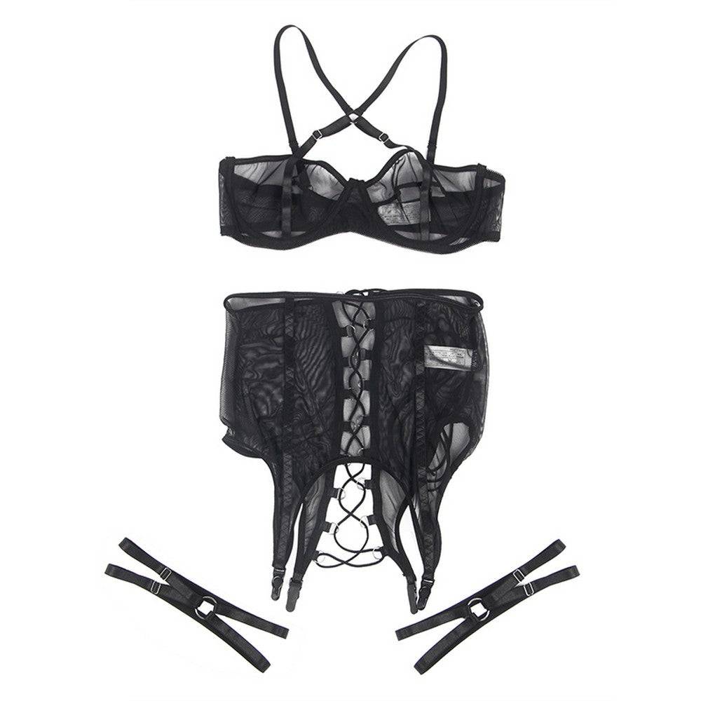Lau Fashion NEU Transparent Netz Mesh Dessous Set Harness mit Bügel Strumpfband S/XL - R81183 Blitzangebot