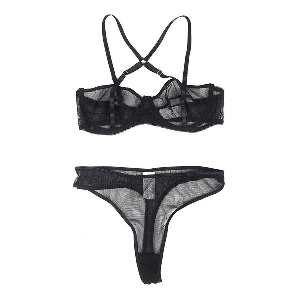 Lau Fashion NEU Transparent Netz Mesh Dessous Set Harness mit Bügel Strumpfband S/XL - R81183 Blitzangebot
