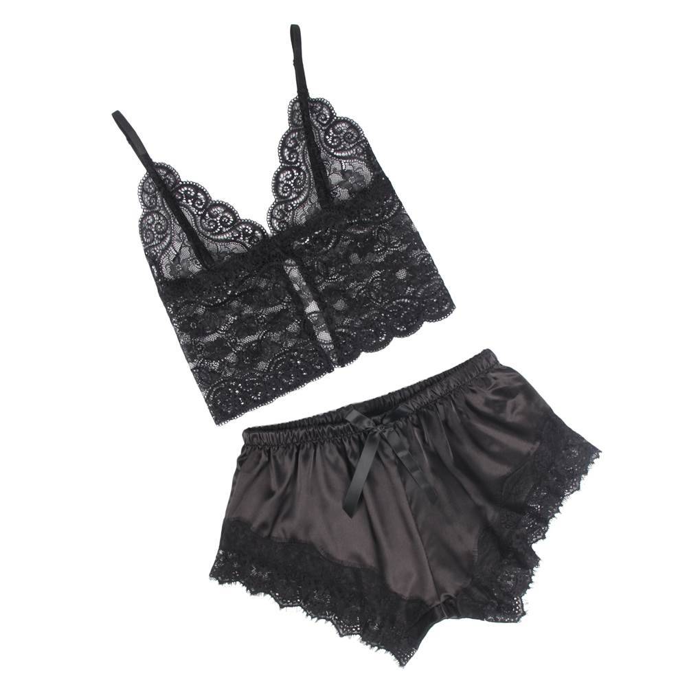 Lau Fashion Sexy Spitze Frauen Schlafanzug Satin Pyjama Set zweiteilig Nachtwäsche S/XL Bestseller