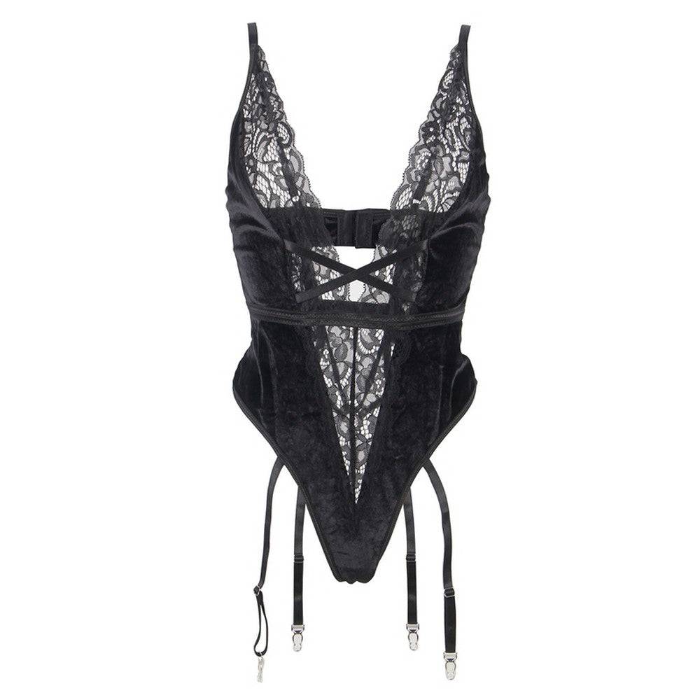 Lau Fashion Bodysuits Strumpfhalter Ärmellos Body V-Ausschnitt Samt Unterwäsche Blumen Reizwäsche S/XL Schlussverkauf