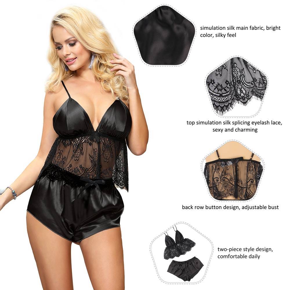 Lau Fashion 2er Pyjama Dessous Set Spitze Shorts Seide Transparent Offen Damen Unterwäsche M-XL - R80960-2 Meist gekauft