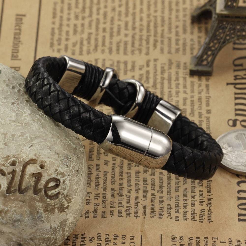 Lau Fashion Herren Armband Echt Leder X Elemente Schwarz Biker Lederband Magnet 20cm Fabrik Onlineshop