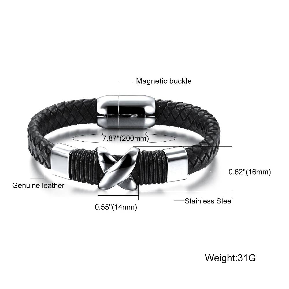 Lau Fashion Herren Armband Echt Leder X Elemente Schwarz Biker Lederband Magnet 20cm Fabrik Onlineshop