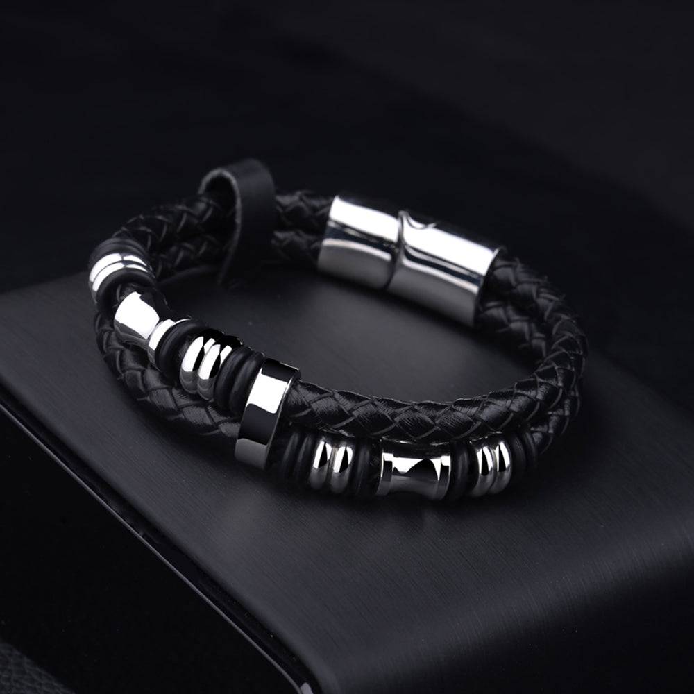 Lau Fashion Echt Leder Herren Armband geflochten Schwarz Lederband Edelstahl Magnet 22cm Sonderangebot