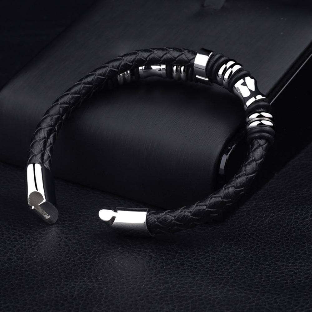 Lau Fashion Echt Leder Herren Armband geflochten Schwarz Lederband Edelstahl Magnet 22cm Sonderangebot