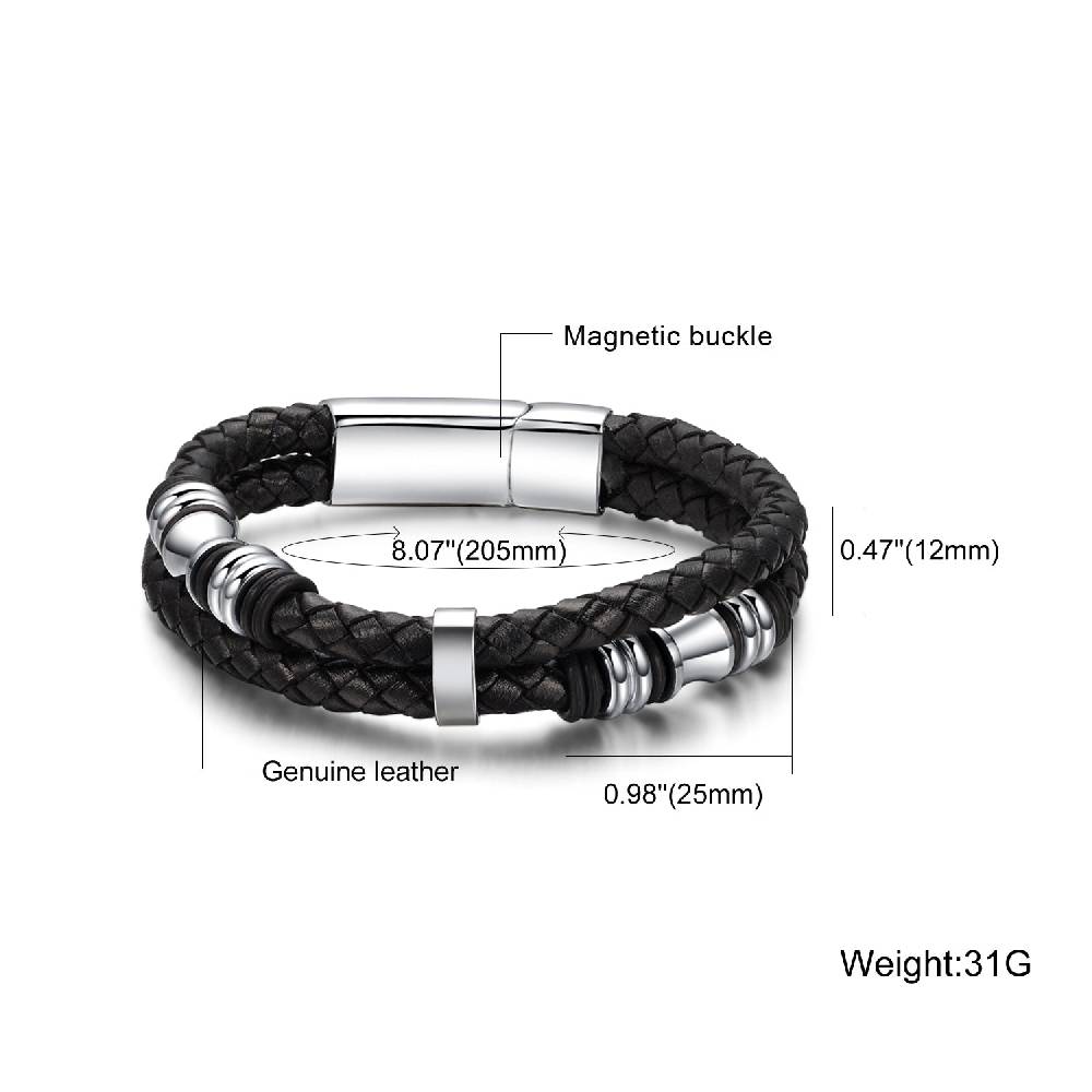 Lau Fashion Echt Leder Herren Armband geflochten Schwarz Lederband Edelstahl Magnet 22cm Sonderangebot