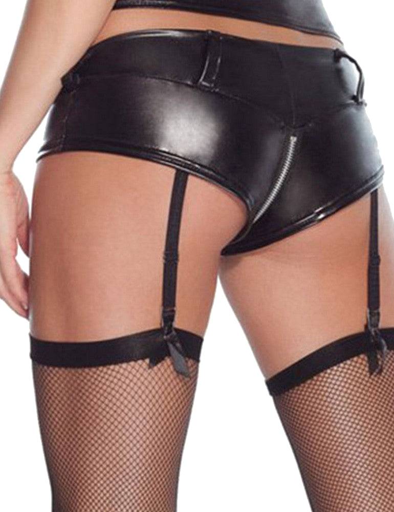 Lau Fashion Damen Lack Leder Slip Strapse Halter Reißverschluss Strumpfgürtel Dessous Schwarz Gogo S/XL Sonderangebote
