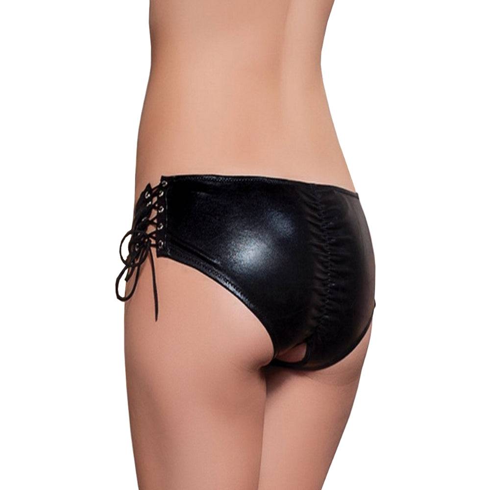Lau Fashion Wetlook Schwarz Damen Lack Leder Panty zum Binden Raffung Intim Offen S/XL VIP-Rabatte