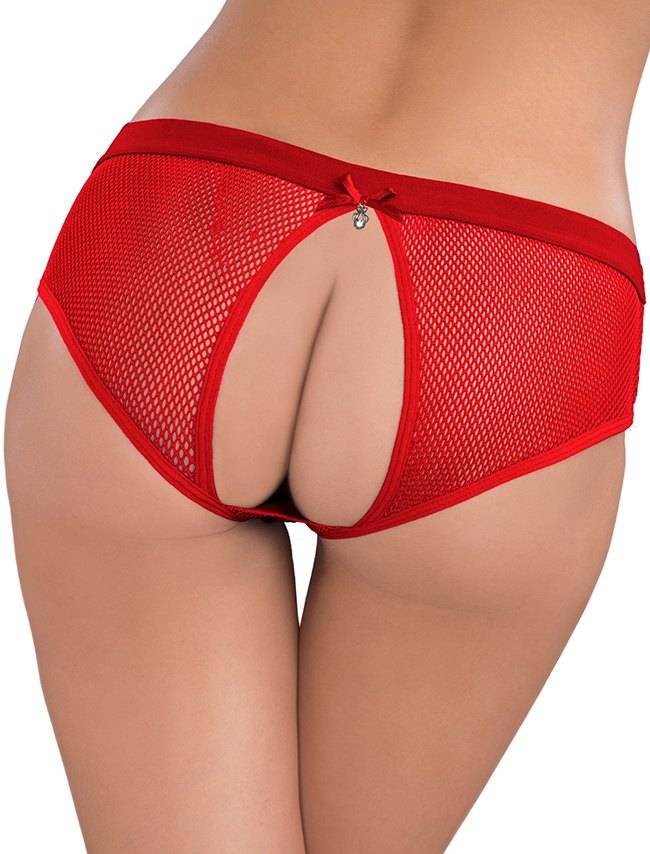 Lau Fashion Damen Netz Slip Offen Rot Popo Panty Reizwäsche mit Schleifchen Strass S/XL Super Sparpreis