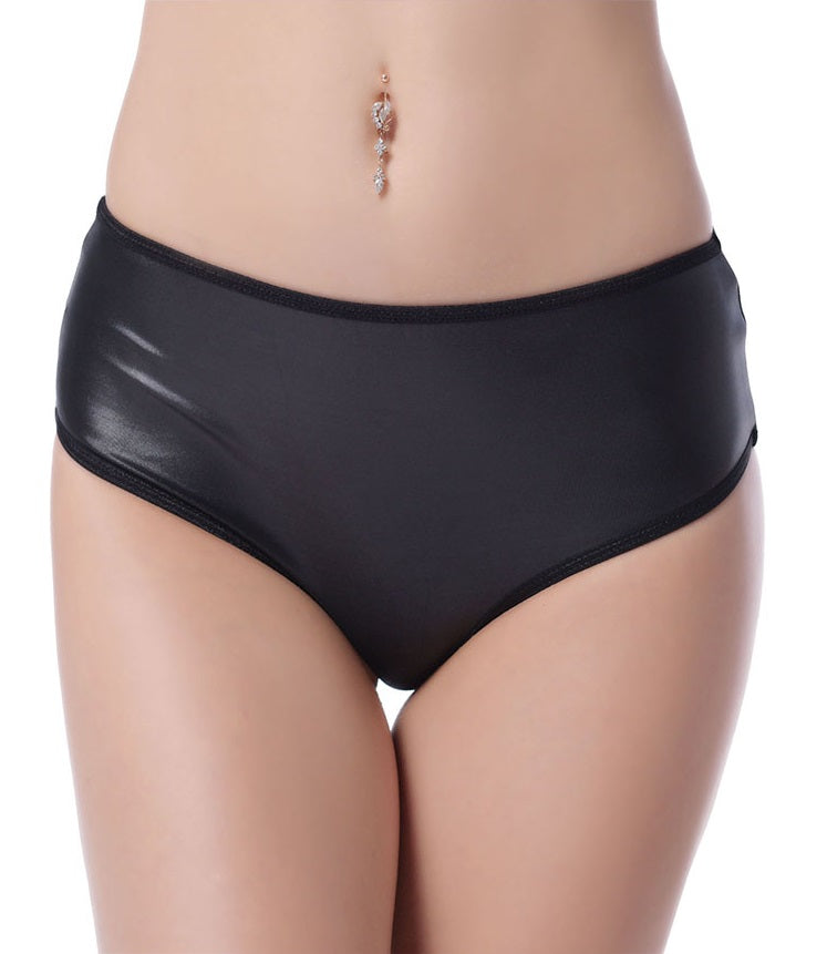 Lau Fashion Damen Wetlook Mini Panty Kette Lack Look Offen Dessous Gogo C-String Shorts S/M Outlet