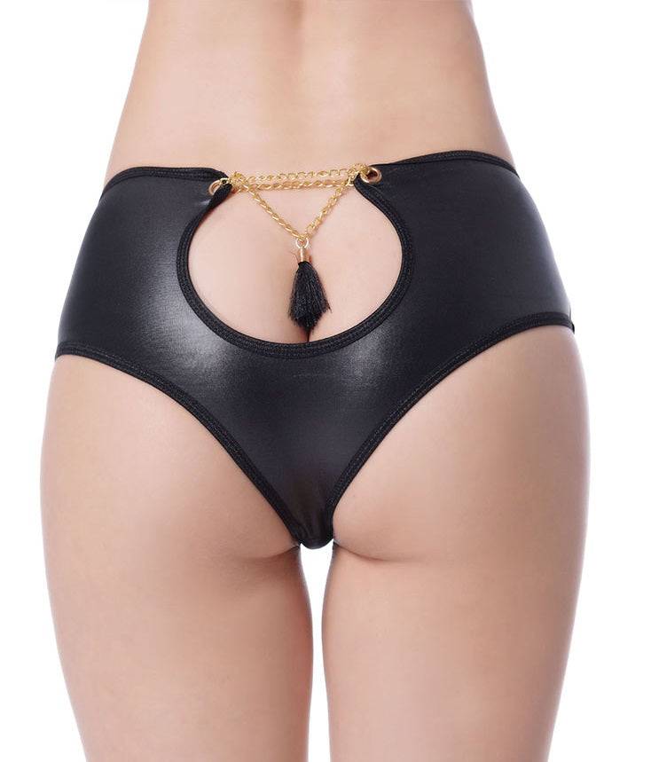 Lau Fashion Damen Wetlook Mini Panty Kette Lack Look Offen Dessous Gogo C-String Shorts S/M Outlet
