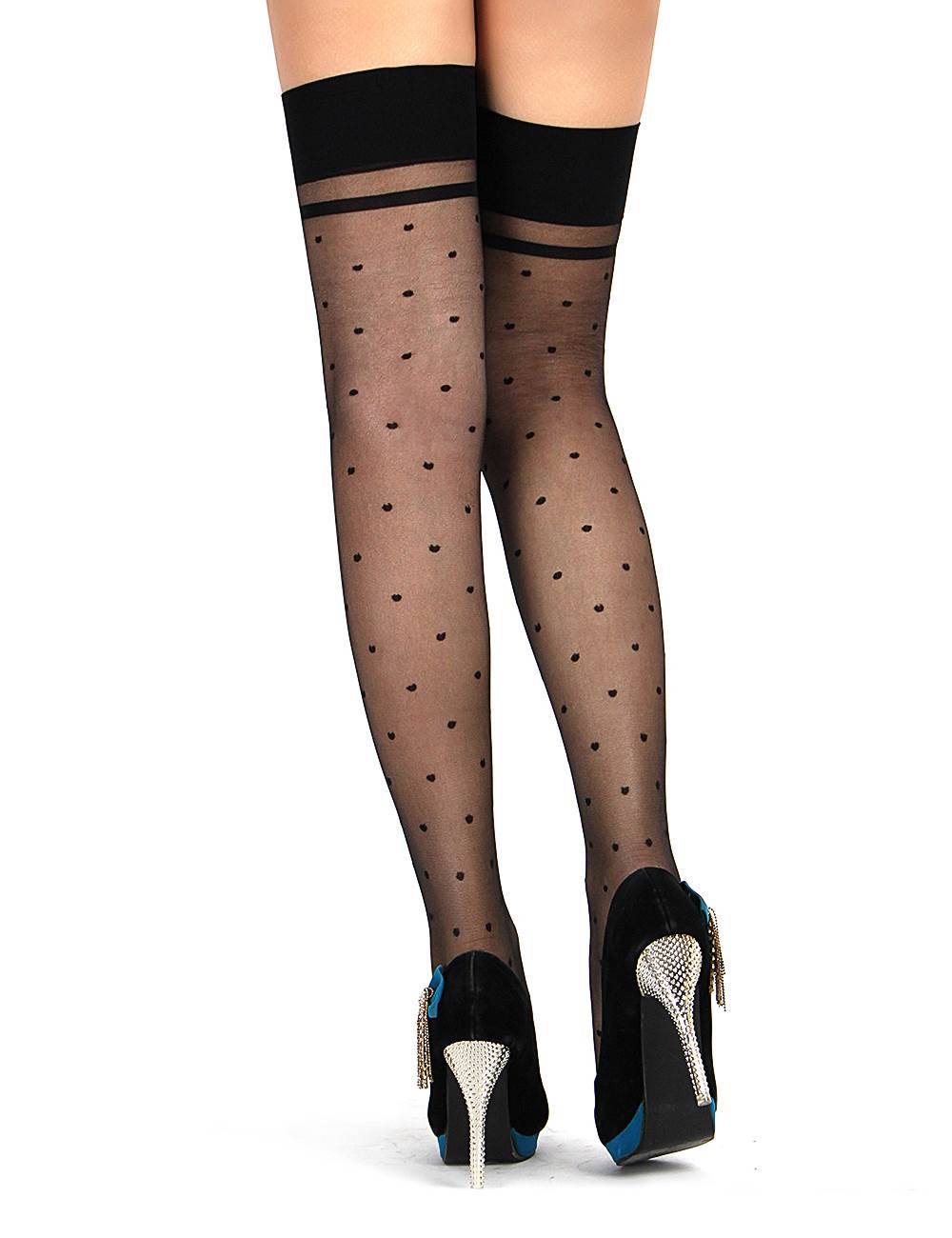 Lau Fashion Damen Nylon Strapse Strümpfe Punkte Schleifchen Halterlose Overknees Schwarz S/M/L - H2142 Blitzangebot