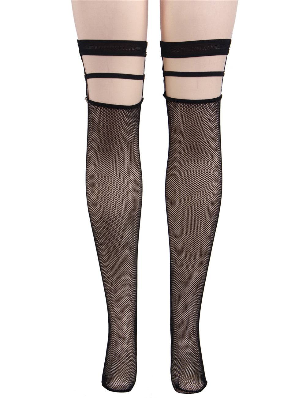 Lau Fashion Damen Netz Strapse Strümpfe Halterlose Overknees mit Nieten Nylon Schwarz S/M Große Rabatte