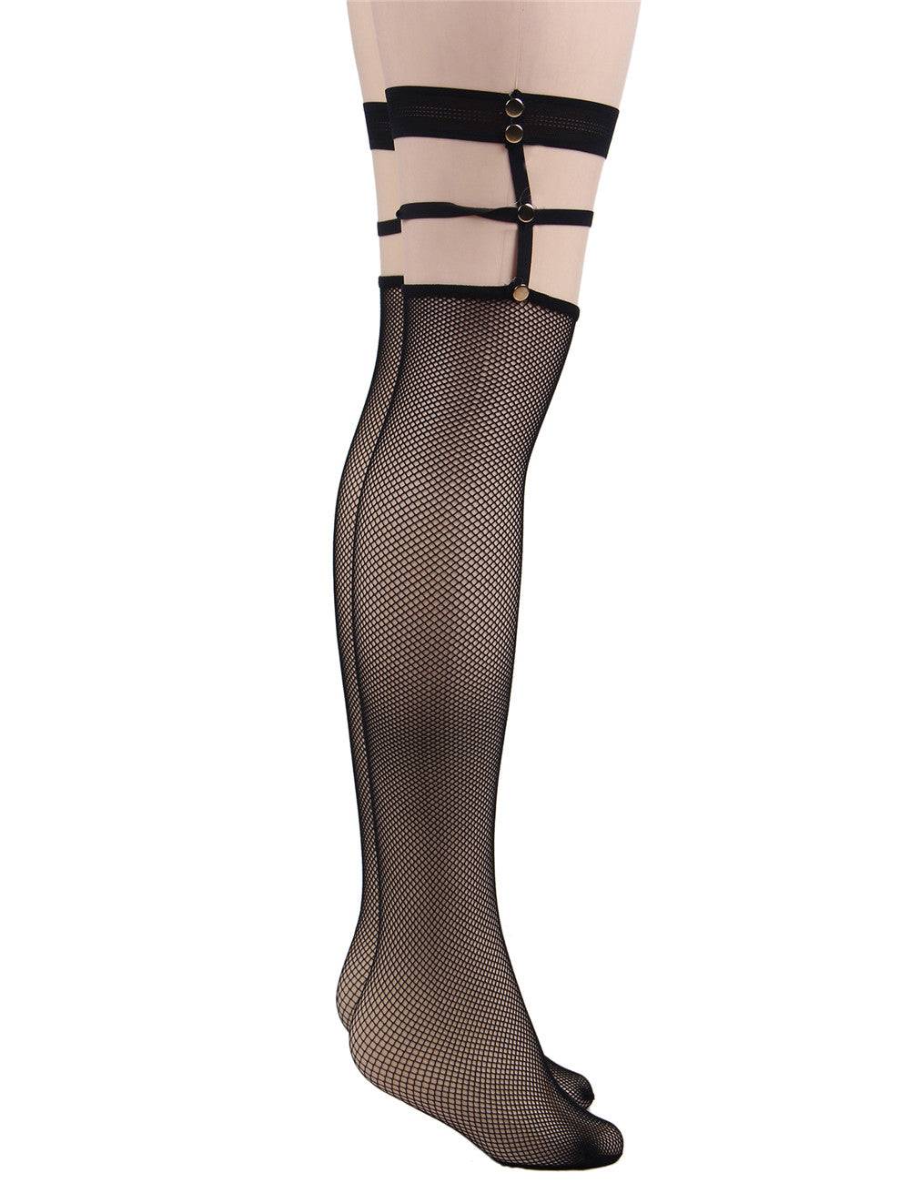 Lau Fashion Damen Netz Strapse Strümpfe Halterlose Overknees mit Nieten Nylon Schwarz S/M Große Rabatte